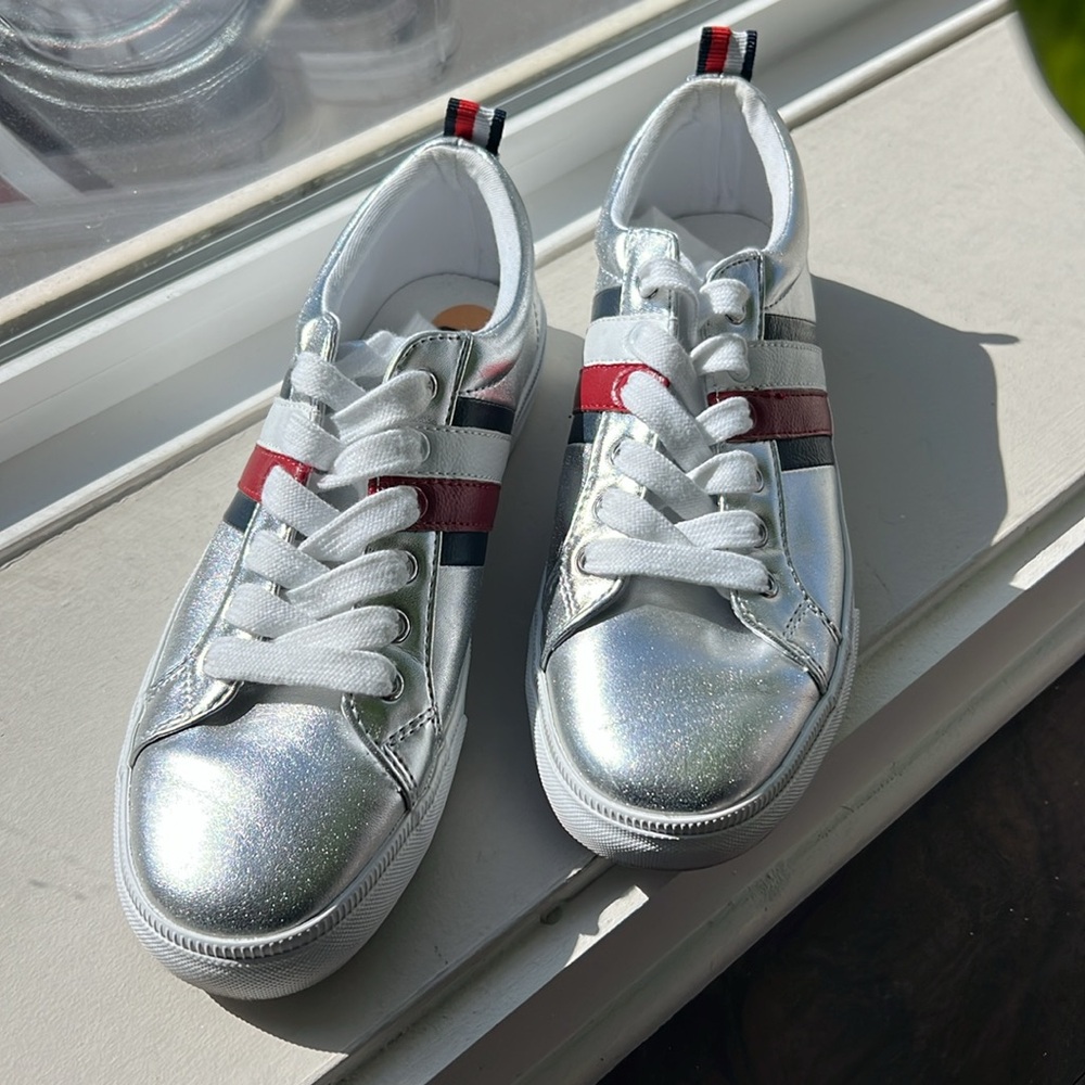 Silver Sneakers with Red, White and Blue Stripes